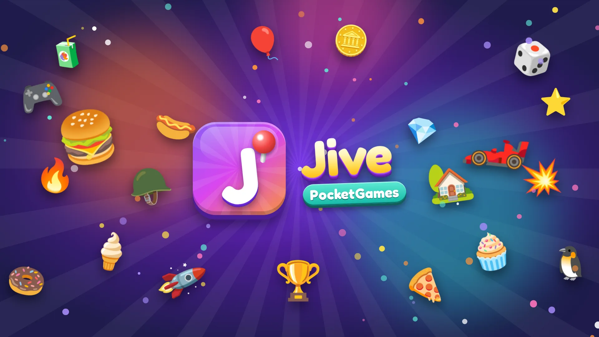 Jive PocketGames – logo omgitt av figurer fra spillene